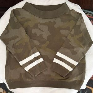 Hem & Thread Women's Camouflage Crewneck Sweater with Striped Sleeves